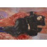 Pam Masco, watercolour, ‘V’ in black on red, 67 x 46 cm