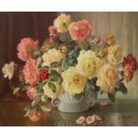 Athanasius Nikolsky (late 20th century), Roses in White Vase, oil on canvas, signed and dated, label
