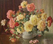 Athanasius Nikolsky (late 20th century), Roses in White Vase, oil on canvas, signed and dated, label