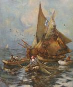 Late 19th century Continental school, oil on canvas, fishermen pulling in the nets, unframed, 60