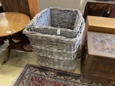 Two large vintage wicker laundry baskets, larger width 94cm, depth 80cm, height 71cm