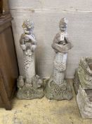 A near pair of reconstituted stone pan garden ornaments, Summer and Autumn, larger height 86cm