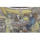 W.R. Earthrowl (Modern British) Pevensey lifeboatmen playing crib, watercolour on paper, signed