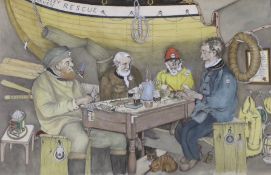W.R. Earthrowl (Modern British) Pevensey lifeboatmen playing crib, watercolour on paper, signed