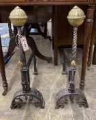 A pair of Victorian brass mounted cast iron andirons, height 62cm