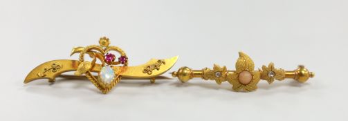 An Edwardian 15ct gold, ruby and white opal set bar brooch with heart motif, 40mm and a similar