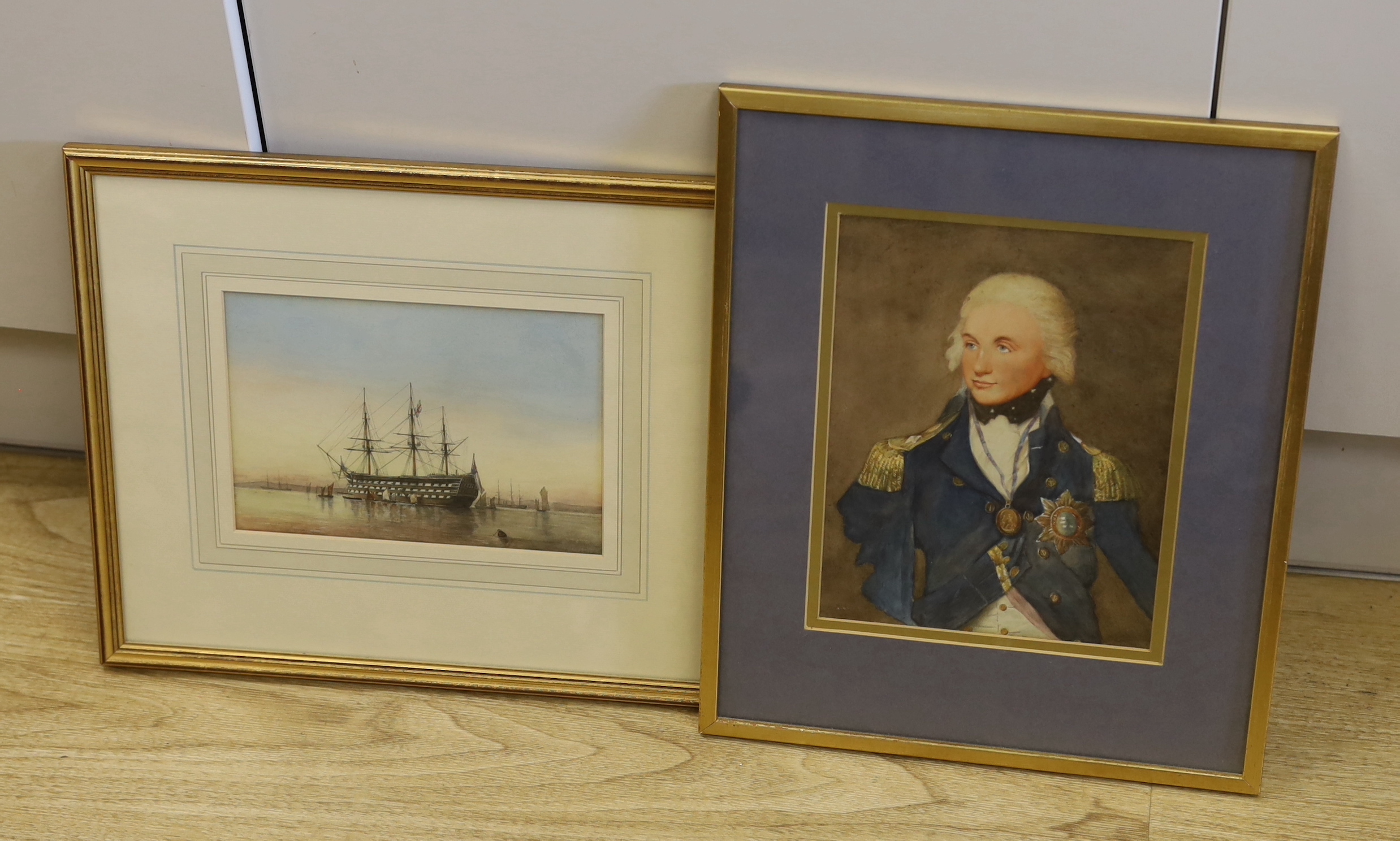 19th century English School, watercolour, HMS Victory, 14 x 21cm and a Portrait of Nelson by another