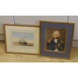 19th century English School, watercolour, HMS Victory, 14 x 21cm and a Portrait of Nelson by another