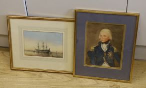 19th century English School, watercolour, HMS Victory, 14 x 21cm and a Portrait of Nelson by another