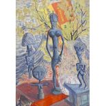 20th century school, Gouache on paper, still life of African figures, 75 x 54 cm