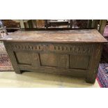 A late 17th century panelled oak coffer, width 104cm, depth 46cm, height 51cm