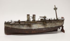 An Ernst Plank for Gamages Ltd clockwork tinplate gun-boat, 40cm in length