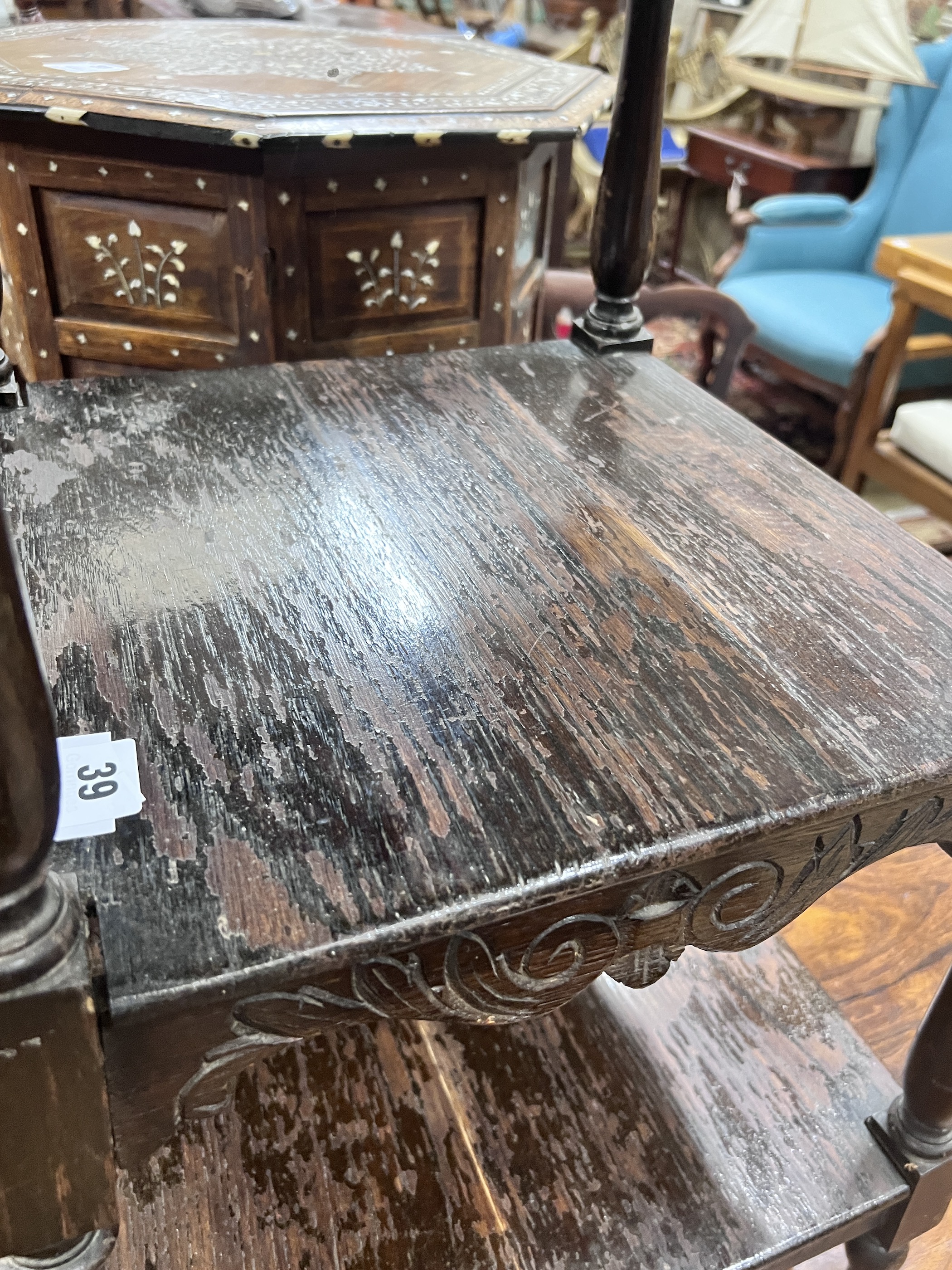 An early 20th century oak three tier occasional table, width 41cm, height 75cm - Image 3 of 3