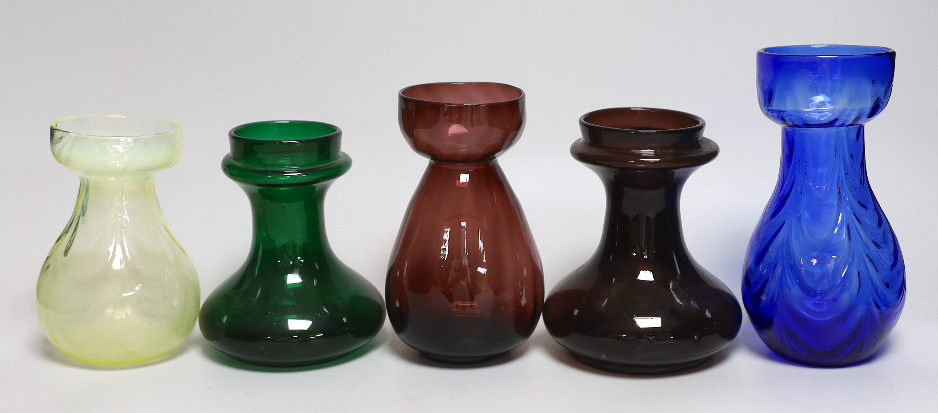 Five coloured glass bulb vases including one opalescent, largest 18cm high