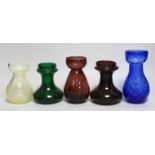 Five coloured glass bulb vases including one opalescent, largest 18cm high
