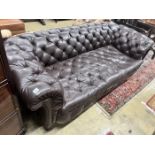 A Victorian buttoned brown leather Chesterfield settee, length 200cm, width 84cm, height 68cm