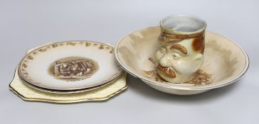 Three Bruce Bairnsfather 'Old Bill' pottery dishes and a bowl, by Grimwades, all printed with