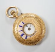 An 18k and enamel half hunter fob watch, 31mm, with metal dust cover, gross weight 24.3 grams (a.