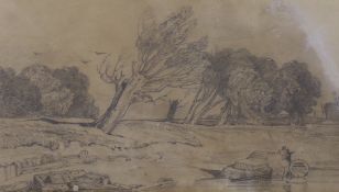 Attributed to John Sell Cottman (1782-1842), pencil sketch, 'River scene with figures and boats',