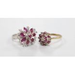 Two modern 9ct gold and gem set cluster dress rings including ruby and diamond, size N, gross weight