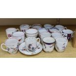A collection of late 18th century Worcester and Lowestoft coffee cups and a saucer, many hand