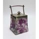 A Bohemian Art Nouveau cameo glass biscuit box, acid etched with sinuous plants in amethyst, against