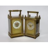 Two early 20th century brass carriage timepieces, one with silvered dial, the largest 15cm high