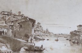 Continental school, late 18th century, ink and wash drawing, view of the Tiber, Rome, inscribed,