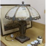 An early 20th century American ‘Miller & Co’ painted spelter and opaque glass table lamp, 55cms