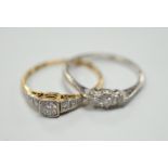 Two 18ct,plat and diamond set rings including single stone, size Q and three stone, size O/P,