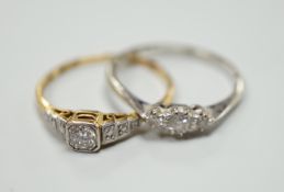 Two 18ct,plat and diamond set rings including single stone, size Q and three stone, size O/P,