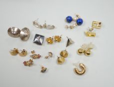 A modern pair of 9ct gold, gold, ruby and diamond earrings, boxed and nine other assorted pairs of