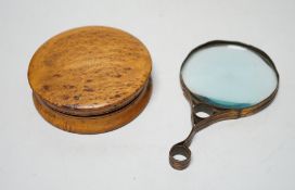 A 19th century burr walnut snuff box, a gilt brass magnifying glass and a Chinese pillow, the