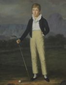 Paul Musin, oil on board, boy with a golf club, signed, 49 x 39cm