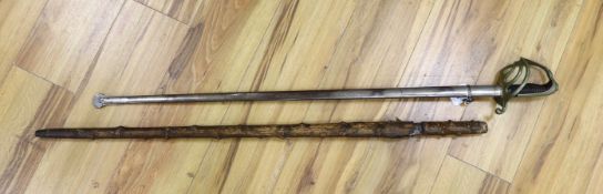 A late 19th century dress sword, 87cm blade, and a bamboo-effect sword stick