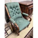 A Victorian mahogany upholstered open armchair, width 56cm, depth 81cm, height 96cm