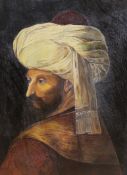 Turkish school, portrait of Fatih Sultan Mehmet, oil on panel, unframed, 30.5cm x 22.5cm