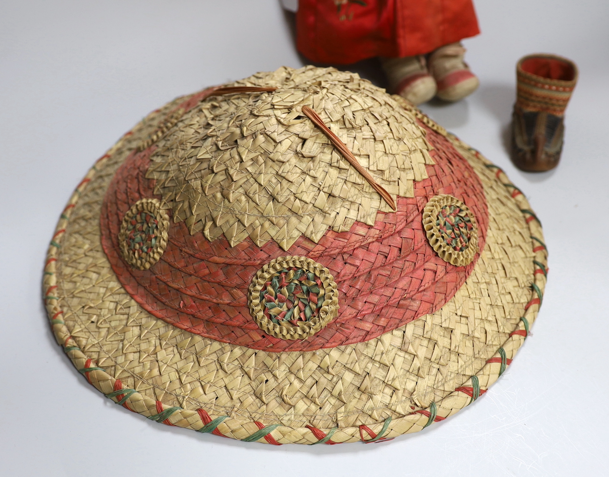 A composition Burmese doll, 40cm, related hat and a shoe - Image 2 of 4