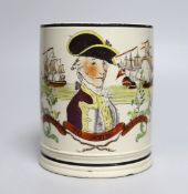 A rare late 18th century creamware cylindrical mug inscribed 'Success to Adml. Nelson’, 14cm high