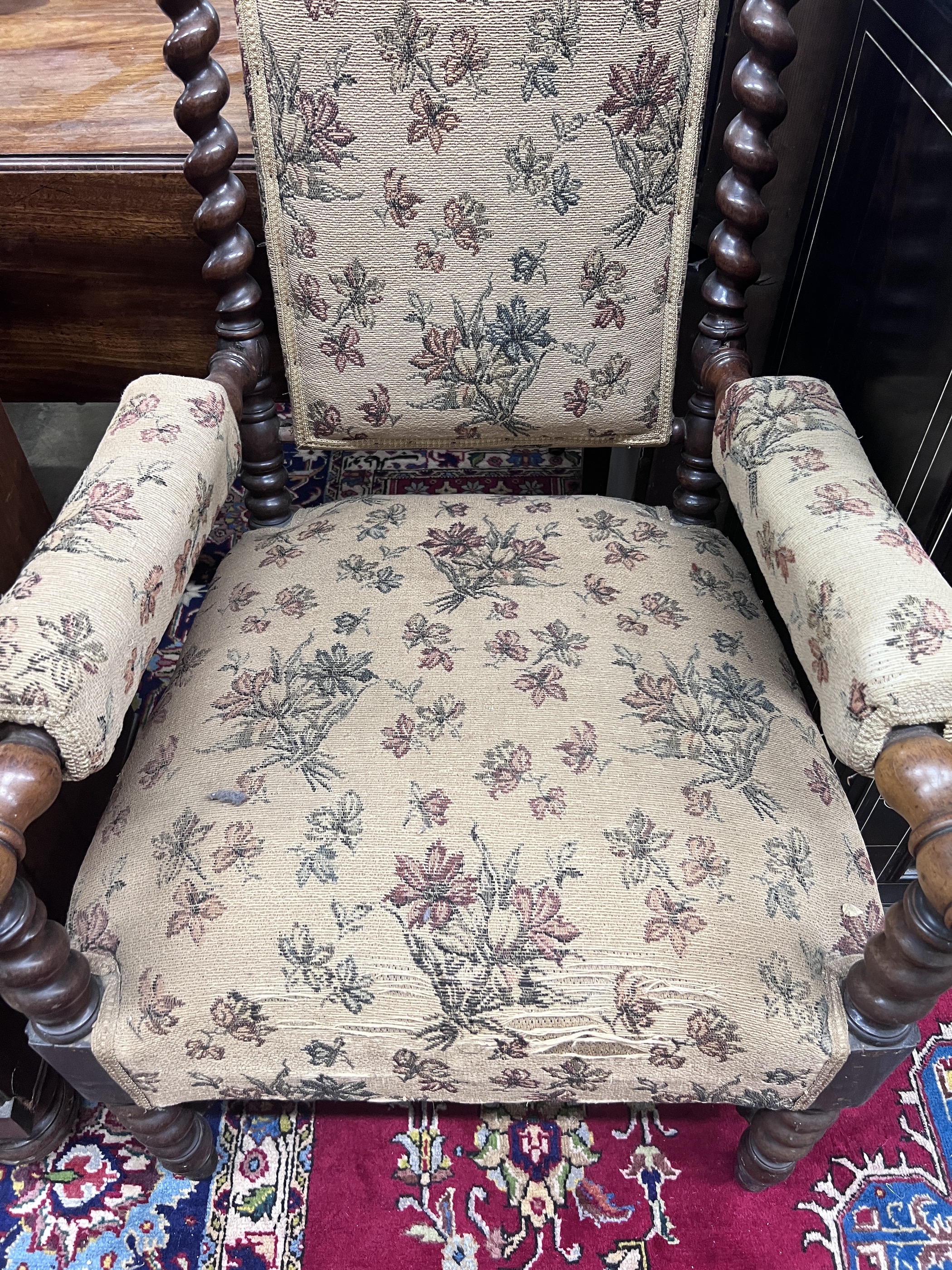 A Victorian carved spiral turned mahogany armchair, width 60cm, depth 60cm, height 118cm - Image 2 of 4