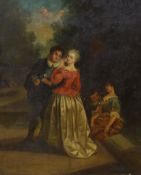 After Watteau, oil on panel, courting couples, 46 x 38 cm