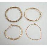 A modern 9ct gold hinged bangle, two modern 9ct gold bracelets including three colour, 14.4 grams