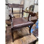 A Regency mahogany elbow chair, width 56cm, depth 46cm, height 83cm