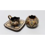 Three Thoune glazed earthenware items comprising dish, jug and vase, two signed to the base, the