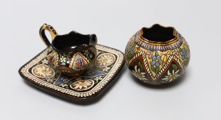 Three Thoune glazed earthenware items comprising dish, jug and vase, two signed to the base, the