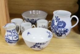 18th century Worcester comprising two floral bowls, two jugs, and three transfer printed cups, the