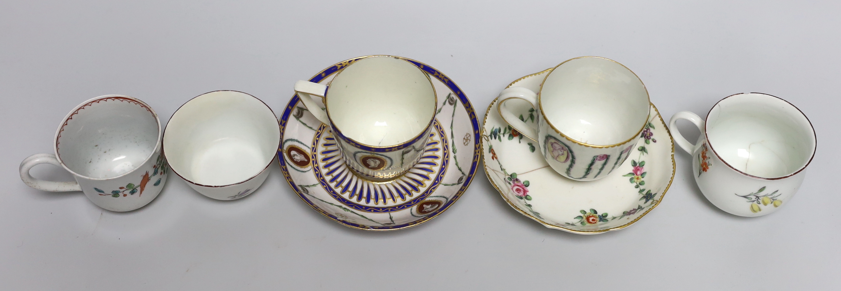 A Chelsea red anchor teabowl and coffee cup, c.1755, a Bow coffee cup, c.1760, a Derby Portrait - Image 3 of 6