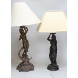 An Art Nouveau spelter figural table lamp and one other, each with shades, the largest 64cm high