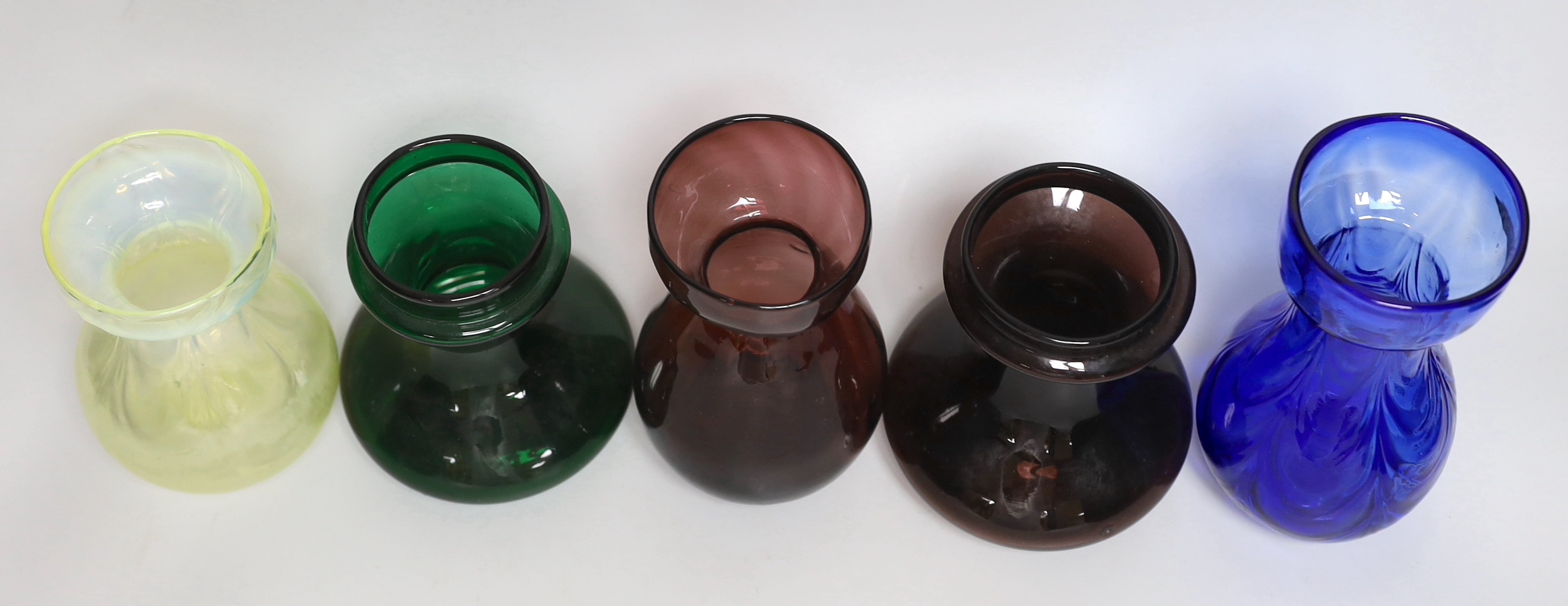 Five coloured glass bulb vases including one opalescent, largest 18cm high - Image 2 of 2