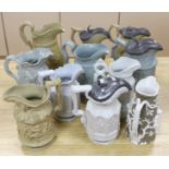 A collection of Victorian Charles Meigh and TJ & JM Mayers stoneware jugs, including Gothic relief